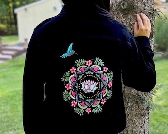 Hand-Painted Floral Mandala Hummingbird Black Denim Jacket