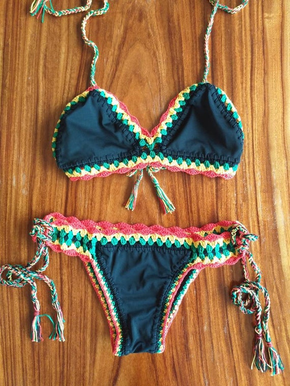 Crochet Bikini Jamaica - Crochet Lycra swimsuit - Crochet Lace Swimwear - rastafari bikini