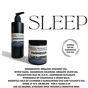 Puede incluir: Se muestran dos envases de "Magnesium Sleep Lotion", con la palabra "SLEEP" encima. Las etiquetas detallan los ingredientes y el nombre del producto. Un gr&aacute;fico circular indica "Approx 150 mg. Magnesium per tsp." La loci&oacute;n es para dormir y relajarse.