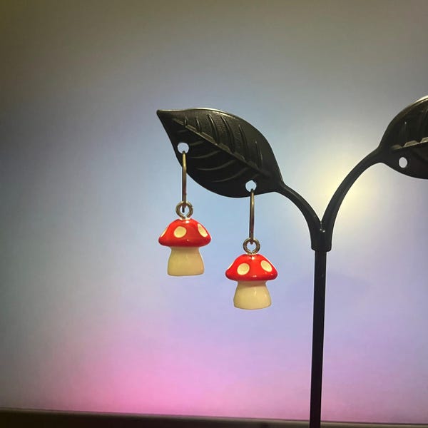 Titanium Mushroom Dangle Earrings: Hypoallergenic Jewelry