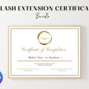 Puede incluir: Un certificado de finalización dorado con un logotipo circular dorado y el texto "Certificado de finalización". El certificado está enmarcado en un marco marrón claro.