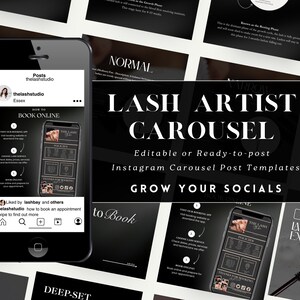 Könnte beinhalten: Ein Smartphone zeigt einen Instagram-Beitrag für "thelashstudio" mit einer Karussell-Anzeige für Wimpernkünstler-Vorlagen. Die Anzeige wirbt für Online-Buchungen und zeigt ein Schwarz-Weiß-Design mit Text wie "LASH ARTIST CAROUSEL" und "GROW YOUR SOCIALS".