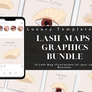以下が含まれることがあります： まつげエクステの技術者向けのデジタルマーケティンググラフィックバンドル。このバンドルには、「エクストリームキャットアイ」、「ウェットルック」、「ドール」など、さまざまなまつげスタイルのまつげマップイラストが10点含まれています。イラストは、まつげとまつげの配置を示す番号が付いたスタイリッシュな目を特徴としています。