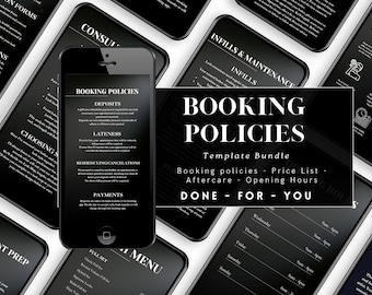 Puede incluir: Un teléfono inteligente negro muestra políticas de reserva, rodeado de otros teléfonos con contenido similar. La imagen incluye un paquete de plantillas con políticas de reserva, listas de precios, cuidados posteriores y horarios de apertura. El texto dice "DONE - FOR - YOU".