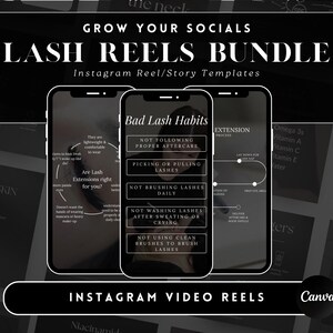 Könnte beinhalten: Eine schwarz-weiße Grafikdesign-Vorlage für Instagram Reels und Stories. Die Vorlage zeigt einen Telefonbildschirm mit einer Grafik eines Frauenauges mit Wimpernverlängerungen. Der Text auf der Vorlage lautet "Schlechte Wimpern-Gewohnheiten" und listet häufige Fehler auf, die Menschen bei der Pflege ihrer Wimpernverlängerungen machen. Die Vorlage soll Wimperntechniker dabei unterstützen, ihre Kunden aufzuklären und ihr Geschäft zu fördern.