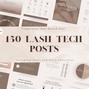 May include: A collection of 150 Lash Tech Instagram post and story templates. The templates feature a neutral color palette with text such as "How clean are your?" and "Life as a Lash Tech". The Canva logo is visible.