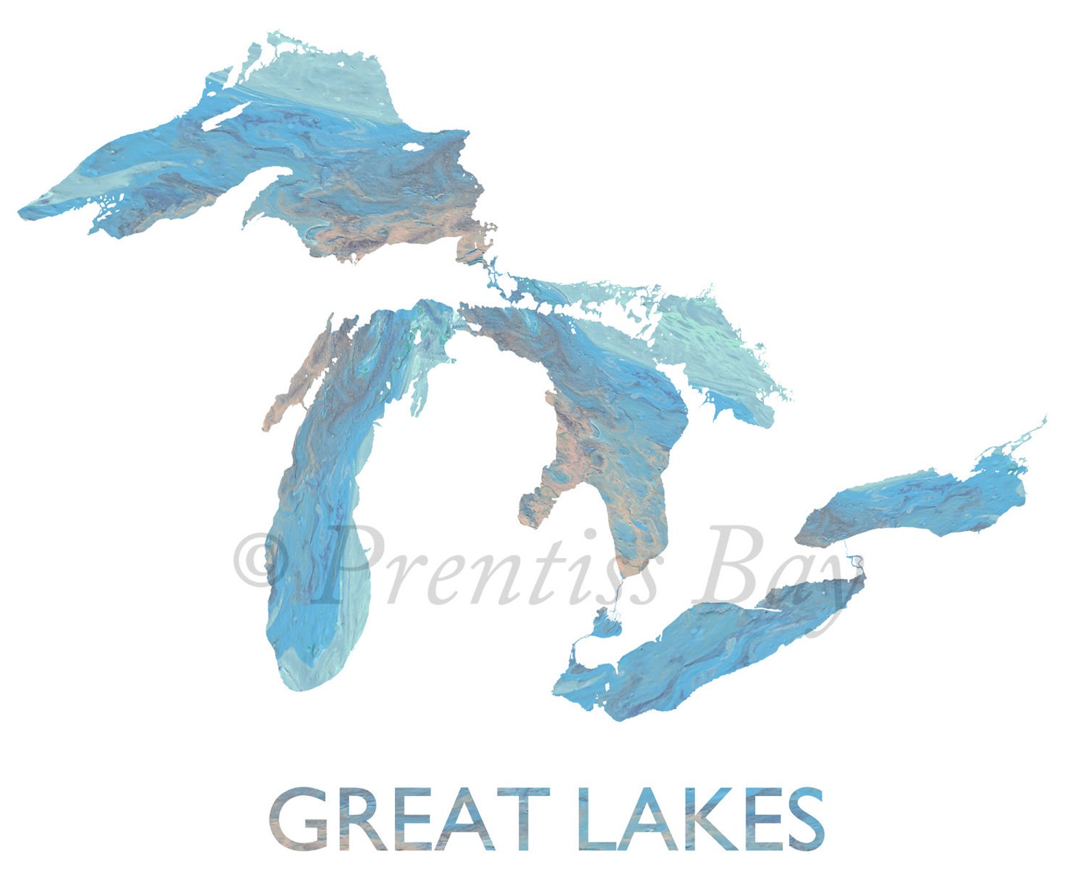 Great Lakes Map Print, Michigan Map, Michigan Lakes, Lake Huron, Lake