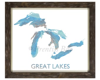 Great Lakes Map Print, Michigan Map, Michigan Lakes, Lake Huron, Lake Ontario, Lake Erie, Lake St. Clair, Lake Superior, Detroit, Nautical