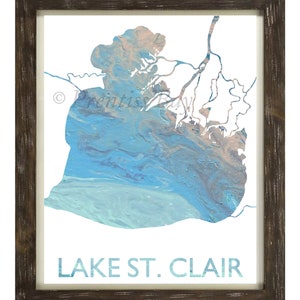 May include: A framed print of a blue and white abstract painting of Lake St. Clair. The print is in a rustic brown frame.