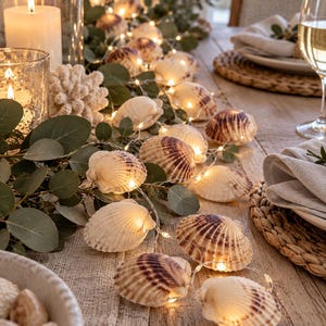 May include: A string of seashell fairy lights featuring natural, ribbed, brown and white scallop shells illuminated by warm LED bulbs, intertwined with green eucalyptus leaves and arranged as a decorative table centerpiece.