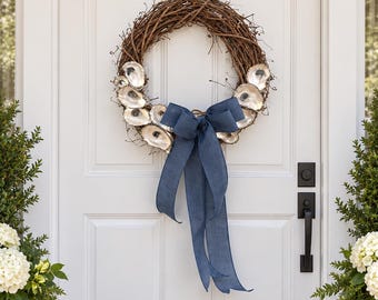 Handcrafted Oyster Shell Wreath with Lights, Silver Accents, Coastal Holiday Decor (18 Inch)