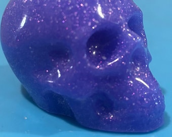 Miniature Glow in the Dark Resin Skull Figurine, Purple Glitter Pocket Skull, Cute Spooky Desk Companion, Halloween Gift