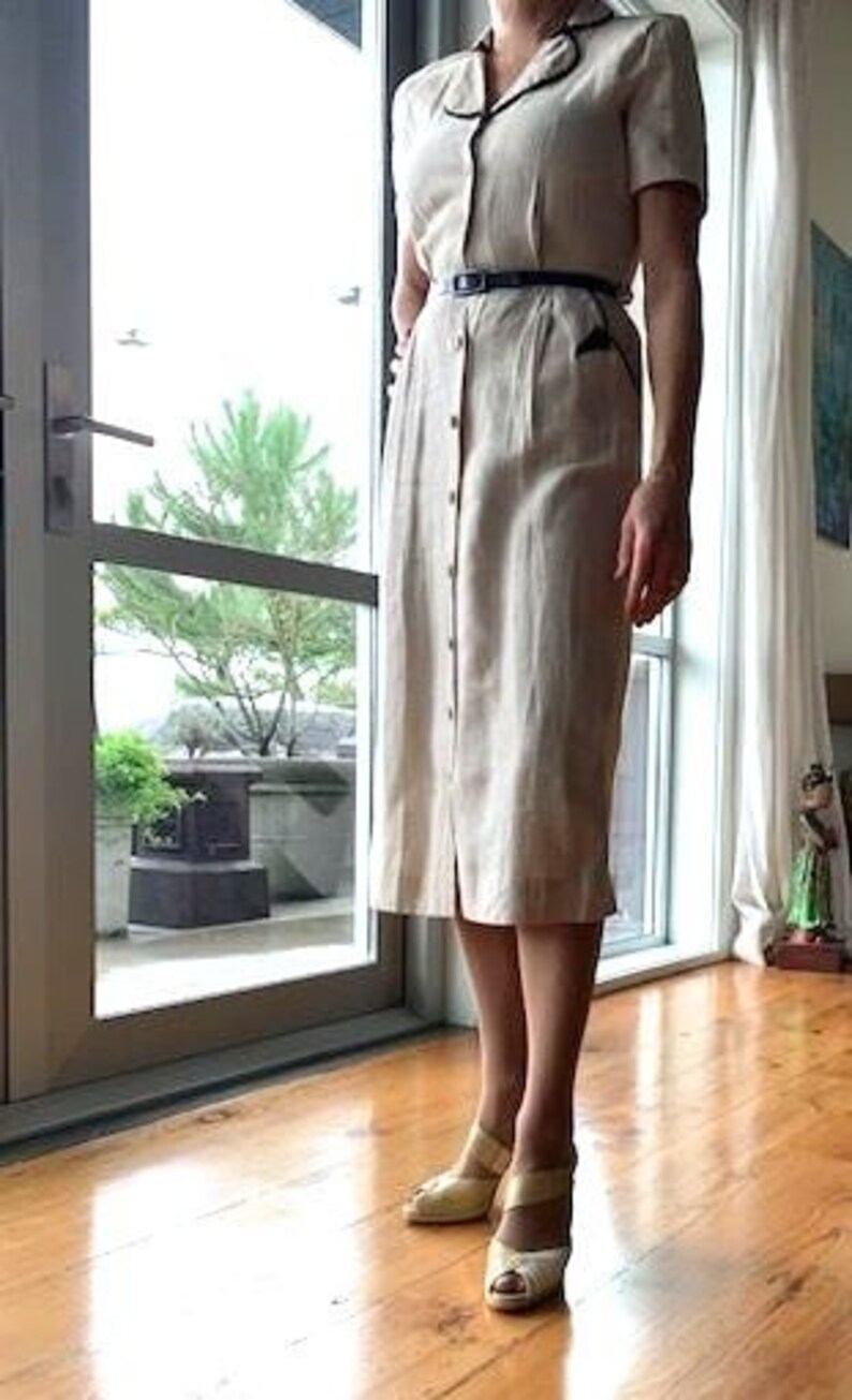 Vintage Irish linen dress with black trim Size S