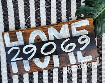 Custom home sign with zip code, zip code sign, heart pine sign