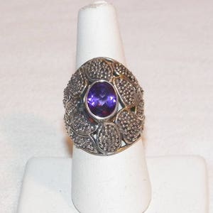 size 7 sterling silver ring with amethyst, vintage estate ring with purple stone, unique sterling silver ring, beautiful statement ring