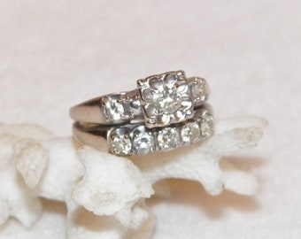 14K White Gold Wedding Ring, 14K White Gold Wedding Band, 14K Gold Wedding Ring combo, 14K Gold Wedding Ring, Vintage Wedding Ring Set