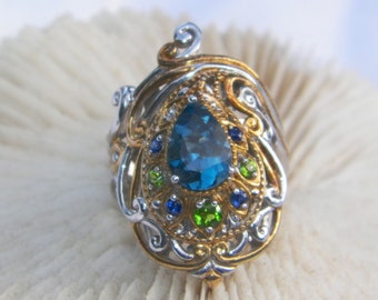 Sterlingzilveren topaas en peridotring, unieke edelsteenring, 925 blauwe topaasring, Moederdagcadeau, cadeau voor haar, jubileumring, schoolbal