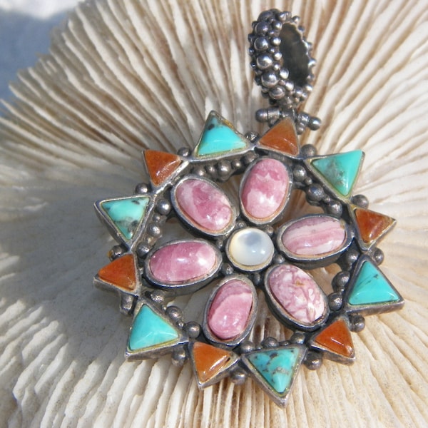 Sterling Silver Multi-Gemstone Pendant, Southwestern Pendant, Gypsy Turquoise Pendant, Gift For Her, Rhodochrosite Pendat, Pearl, Amber