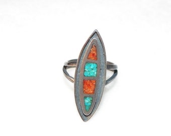 Sterling Silver Ring With Red Coral Chip Inlay and Turquoise Chip Inlay
