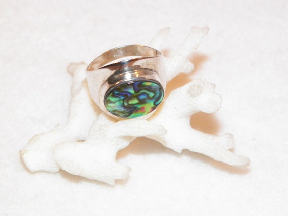 Sterling Silver Abalone Shell Ring, Large Abalone… - image 1