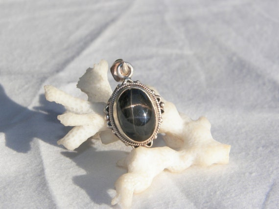 Sterling Silver Black Diopside Pendant, Black Star