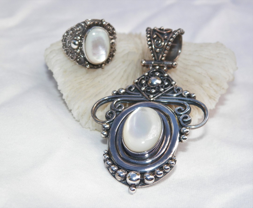 Sterling Silver Mother of Pearl Jewelry Set, 925 Mother of Pearl Ring ...