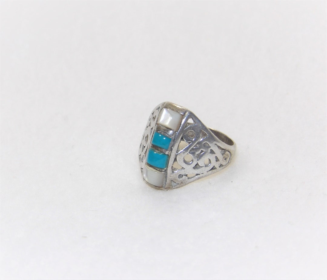 Sterling Silver Turquoise and Mother of Pearl Ring, Old Southwestern ...