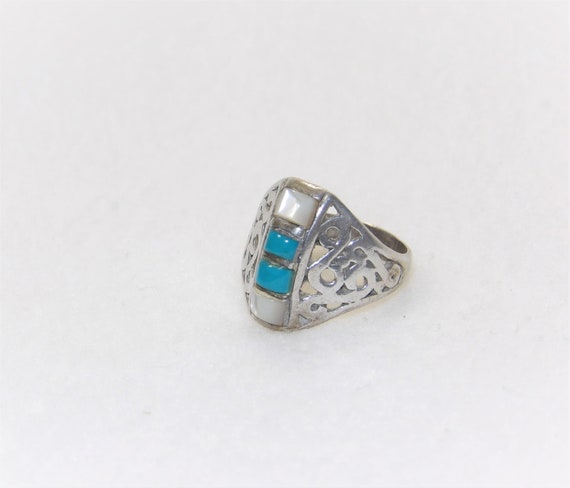Sterling Silver turquoise and mother of pearl rin… - image 1