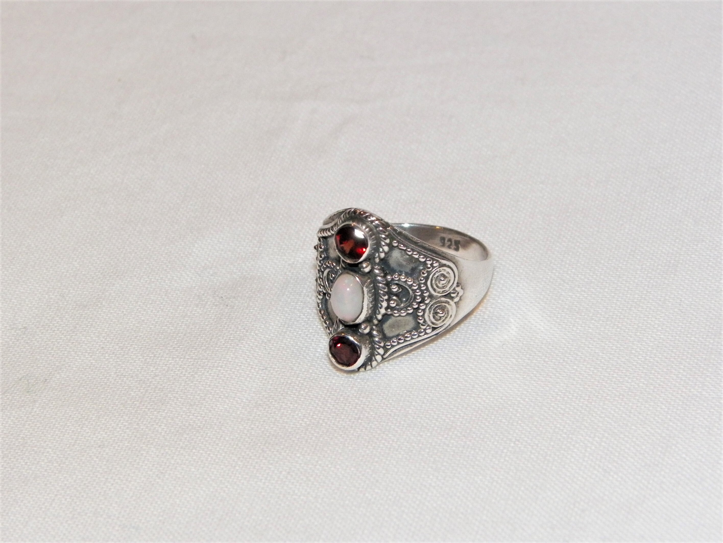 Sterling Silver Gypsy Style Garnet and Opal Ring Unique | Etsy