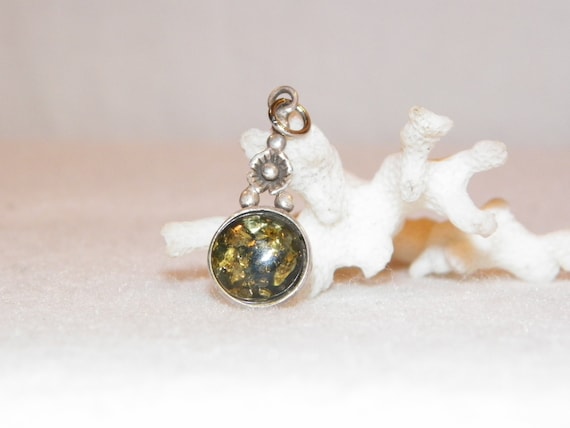 Sterling Silver Baltic Amber Pendant, Green Amber Pendant, Vintage Amber Neckalce,