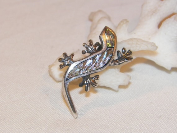 Sterling Silver Abalone Shell Lizard Pendant, Ste… - image 1