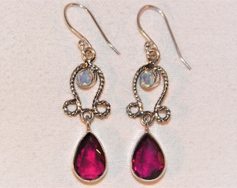 1.80 Inch Sterling Silver Moonstone And Garnet Earrings, 925 Vintage Hande Made Quality Earrings, Unique Beautiful Dangle Earrings, Nice!