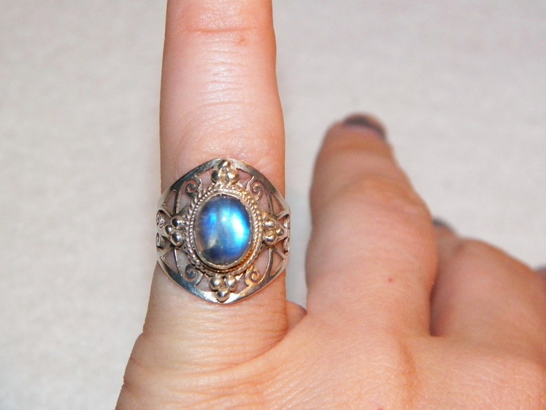Sterling Silver Blue Moonstone Ring Gypsy Style Ring Unique Moonstone Ring Boho Style Blue Moonstone Ring