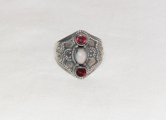 Sterling Silver Gypsy Style Garnet and Opal Ring Unique | Etsy