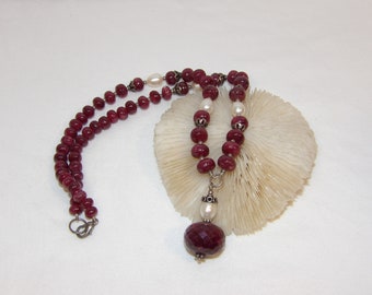 Sterling Silver Genuine Ruby Necklace, 925 Ruby And Pearl Necklace, Freshwater Pearl, African Ruby Necklace