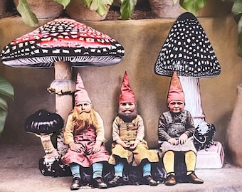 3 pc whimsical laser cut wood prop set for diorama, mushrooms and gnomes Mixed Media Altered Art -  jewelry earrings brooch junk journal