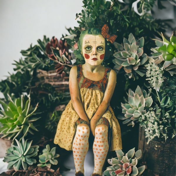 creepy girl flatback printed wood cutout - diy jewelry brooch, assemblage art, mixed media art dolls, embellishments supplies art parts