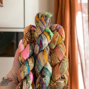 lurex brocade sari strips, raw edge sari ribbon, recycled dreamcatcher, weaving, jewelry, junk journal, altered art, doll fabric scraps