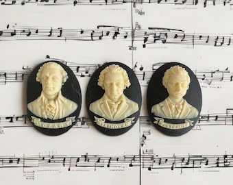 3 pc classical music composer cameos, beethoven strauss mozart, flat back cabochons cab jewelry supplies, pendant brooch bracelet necklace