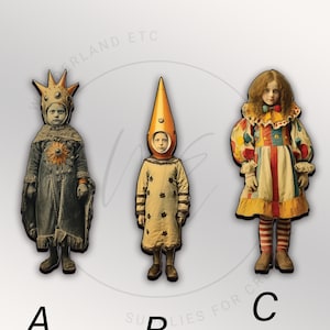 3 mini fairy character cutouts for altered art/mixed media, doll woodcuts, steampunk jewelry pins assemblage, junk journal collage elf pixie