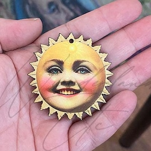 sun shine face Doll head wood cutout diecut diy jewelry pins necklace wood cuts assemblage art, mixed media art, embellishments charm whimsy