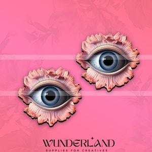 weirdcore pink eyeball flower diy jewelry pins necklace wood cuts assemblage art, mixed media art dolls, embellishments supplies art parts