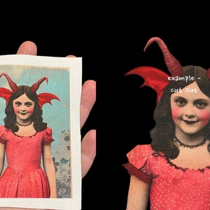 May include: A vintage postcard featuring a young girl wearing a red dress and a devil costume with red wings and horns. The background is a blue sky with flowers.
