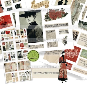 Könnte beinhalten: Eine Collage aus Vintage-Ephemera, darunter Zeitungsausschnitte, handschriftliche Notizen und Illustrationen. Das Bild zeigt eine Frau mit Hut, florale Elemente und den Text "WUNDERLAND DIGITALS". Die Farbpalette umfasst Rot, Beige und Schwarz.