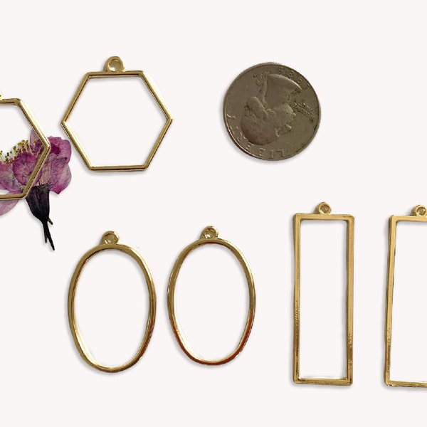 abstract gold plated open Back Bezel shape Charms for pressed flowers uv resin epoxy resin, enamel earrings jewelry findings kit, necklace
