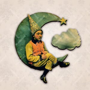 May include: A whimsical illustration of a person wearing a pointed hat sitting on a crescent moon with a cloud above them. The person is wearing a yellow and orange outfit and has a contemplative expression.