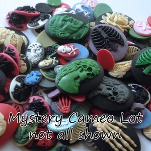 May include: A large lot of assorted oval-shaped cameo buttons with various designs, including skulls, skeletons, brains, and faces. The buttons are mostly black and white with some red, green, and pink accents. The text "Mystery Cameo Lot not all shown" is visible in the image.