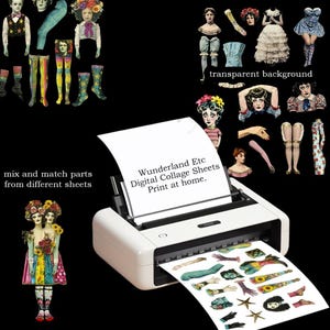 May include: A printer printing a sheet of digital collage paper with various images of people, hands, and legs. The paper is labelled "Wunderland Etc Digital Collage Sheets Print at home."