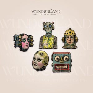 retro scifi robot steampunk 5 pc whimsically weird bizarre wood diecut set for diorama, Mixed Media Art assemblage brooch junk journal doll