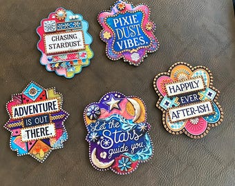 colorful woodcut cab for diy jewelry brooch, ornament keychain statement necklace junk journal embellishment tag, home decor wall art whimsy